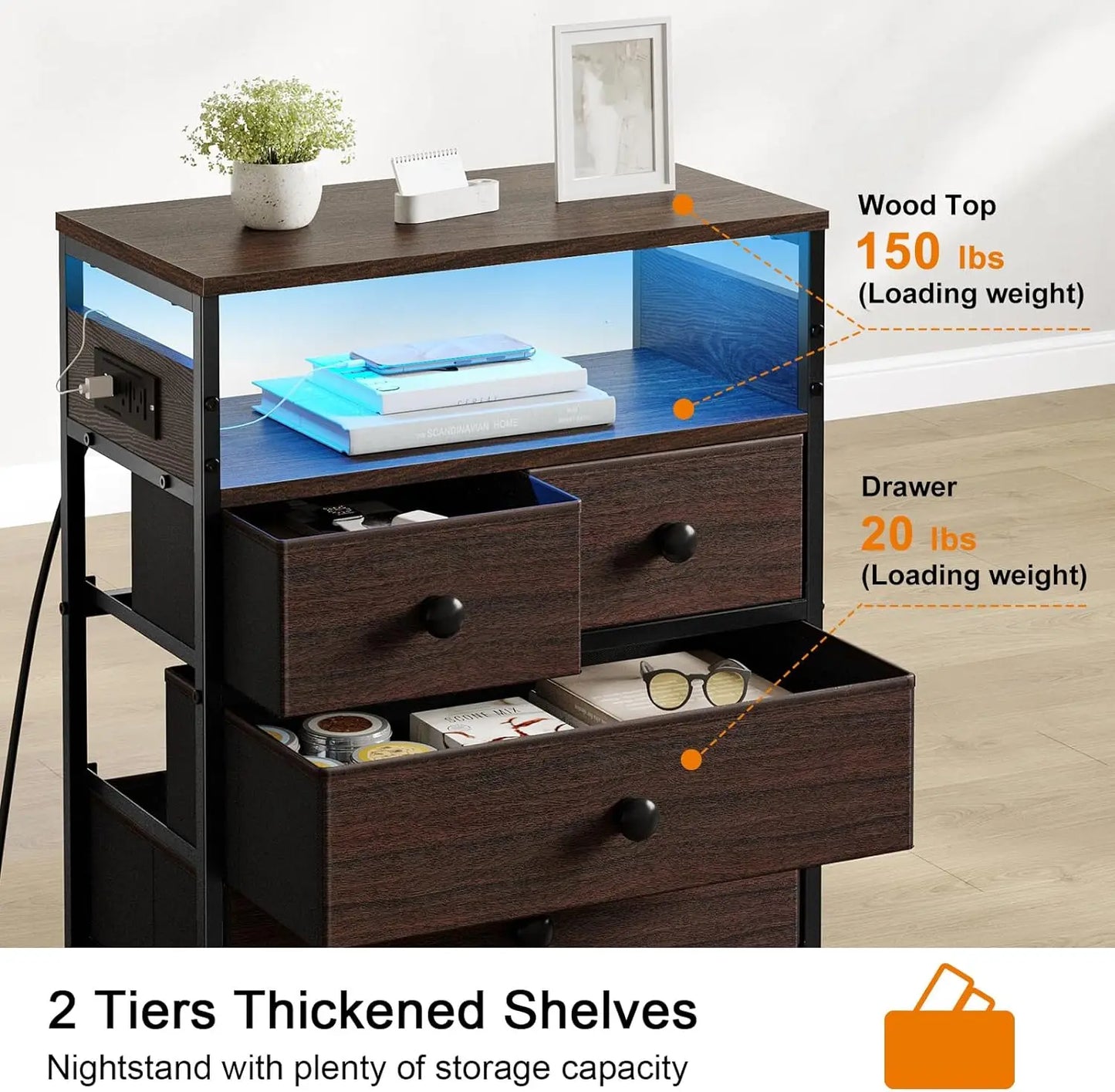 Nightstand with Charging Station, 4 Drawers and 2-Tier Shelf, Wooden Top for Be - Mountain Merch Market 