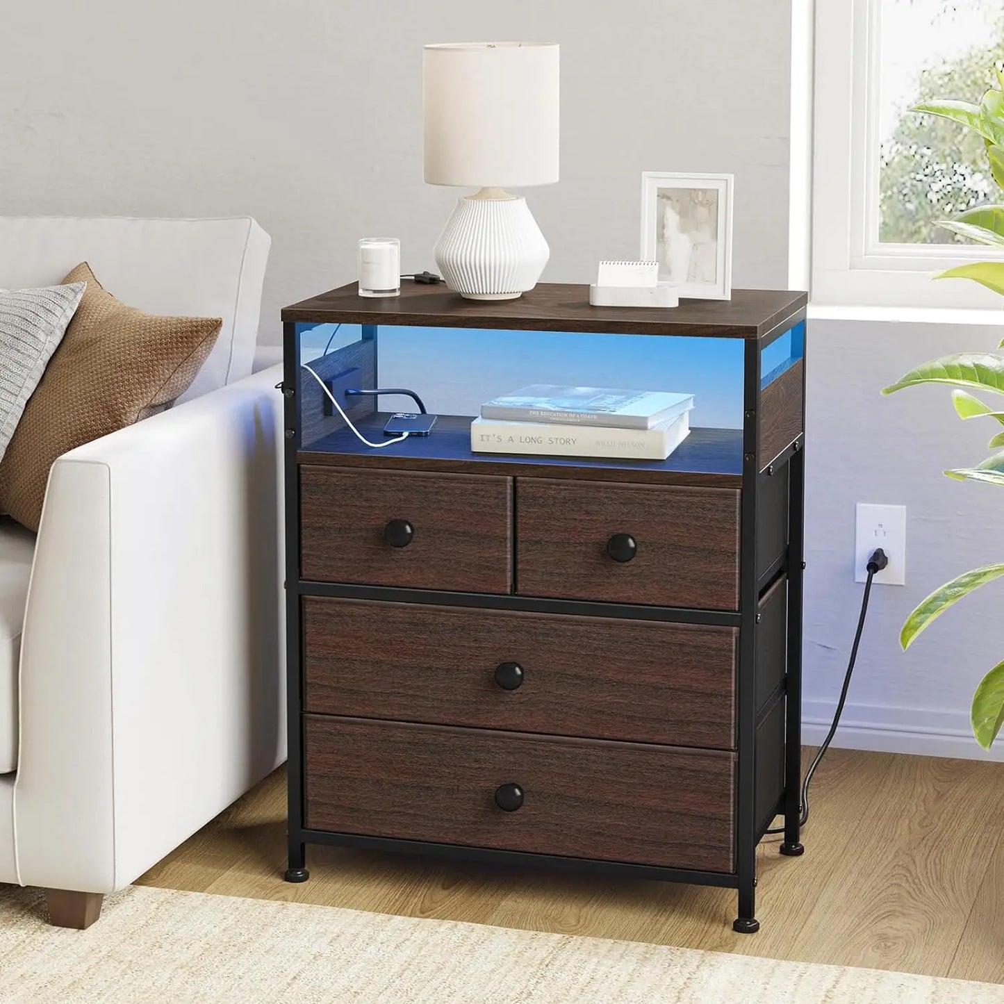 Nightstand with Charging Station, 4 Drawers and 2-Tier Shelf, Wooden Top for Be - Mountain Merch Market 