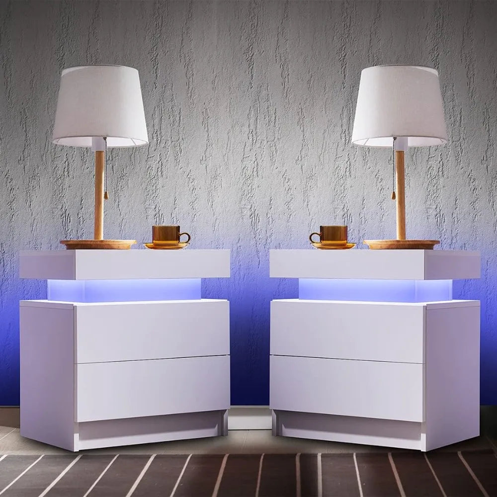 Side Bed Table With LED Light Bedside Tables for the Bedroom  2 Drawers - Mountain Merch Market 