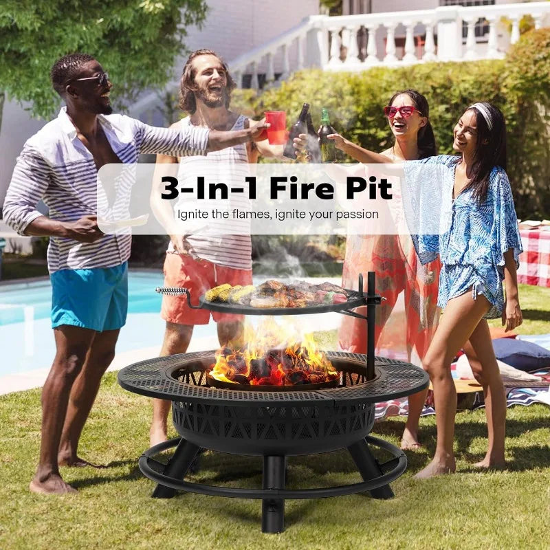 35 Inch Fire Pit with Cooking Grill Grate & Charcoal Pan with Cover Lid - Mountain Merch Market 