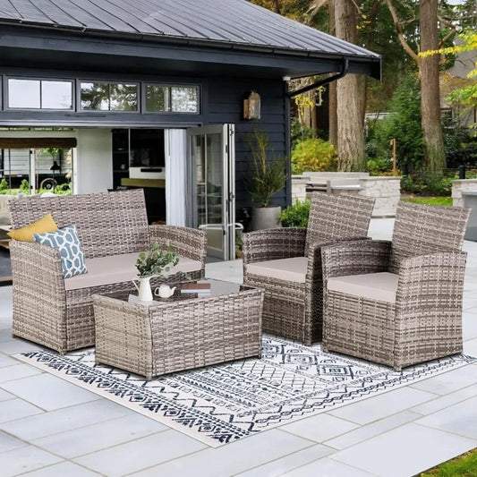 4 Piece Patio Furniture Set, Outdoor Wicker Sectional Sofa w/Coffee Table, - Mountain Merch Market 