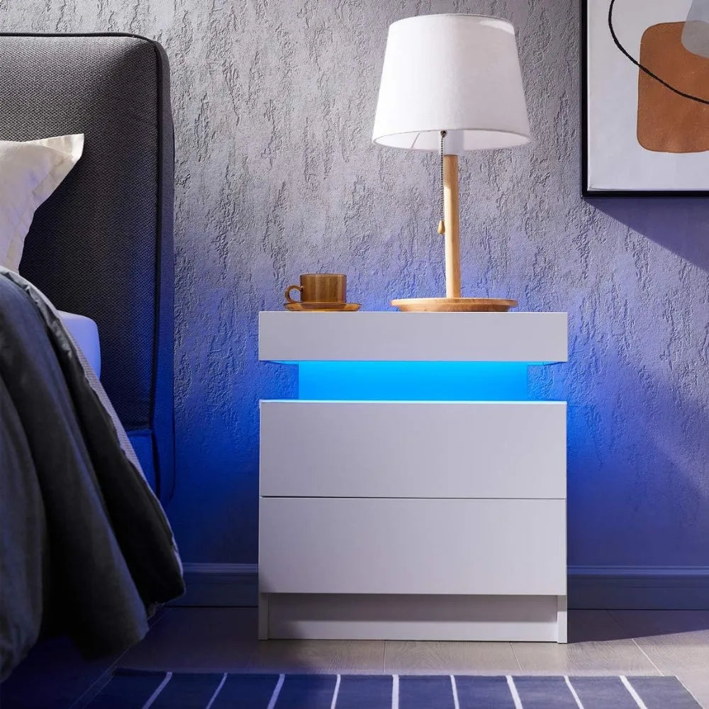 Side Bed Table With LED Light Bedside Tables for the Bedroom  2 Drawers - Mountain Merch Market 