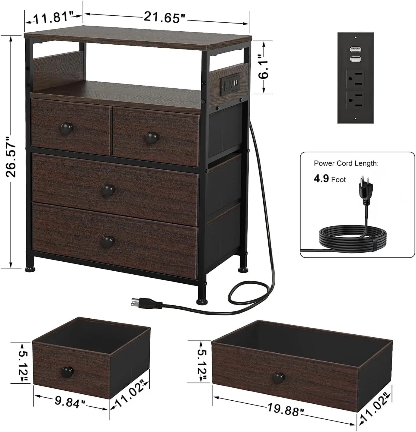 Nightstand with Charging Station, 4 Drawers and 2-Tier Shelf, Wooden Top for Be - Mountain Merch Market 