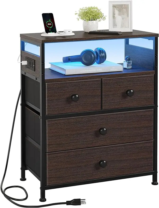 Nightstand with Charging Station, 4 Drawers and 2-Tier Shelf, Wooden Top for Be - Mountain Merch Market 