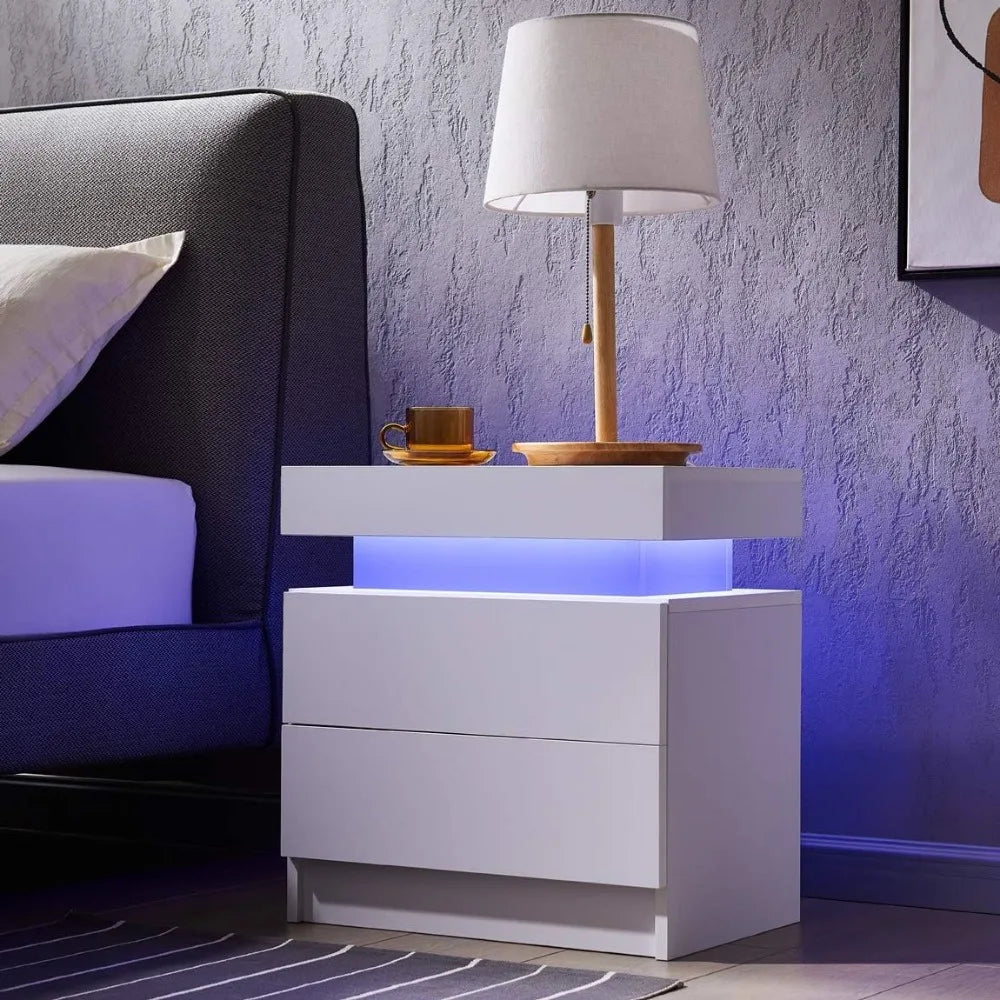 Side Bed Table With LED Light Bedside Tables for the Bedroom  2 Drawers - Mountain Merch Market 