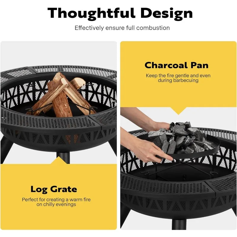 35 Inch Fire Pit with Cooking Grill Grate & Charcoal Pan with Cover Lid - Mountain Merch Market 