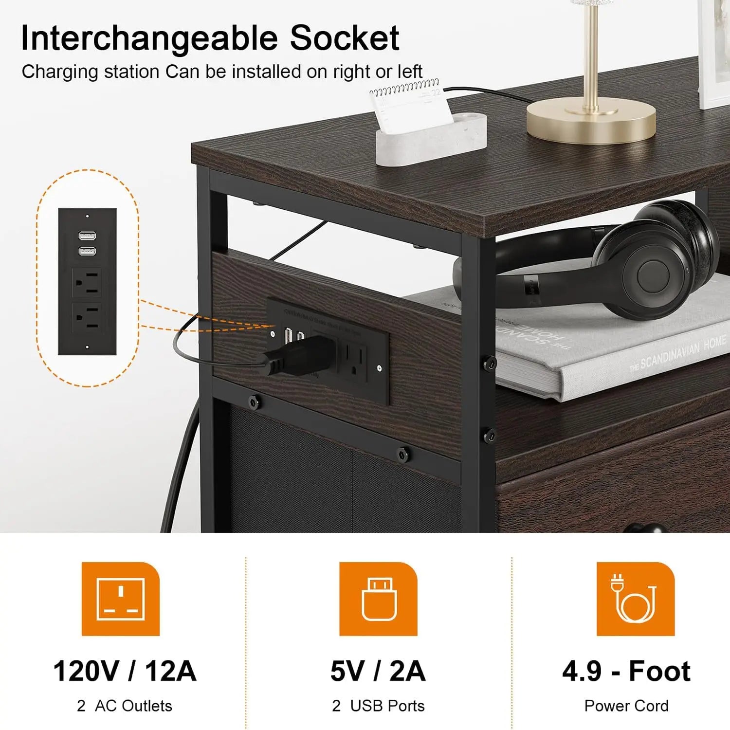 Nightstand with Charging Station, 4 Drawers and 2-Tier Shelf, Wooden Top for Be - Mountain Merch Market 