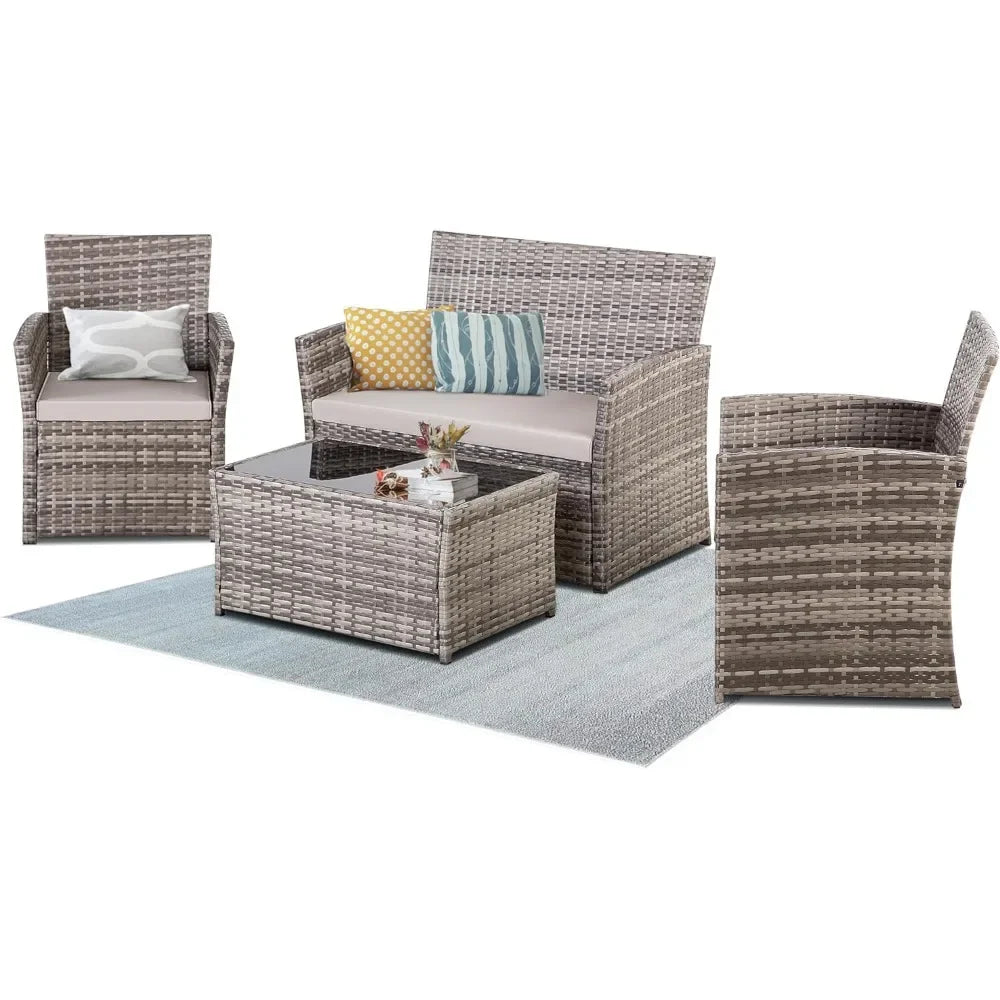 4 Piece Patio Furniture Set, Outdoor Wicker Sectional Sofa w/Coffee Table, - Mountain Merch Market 