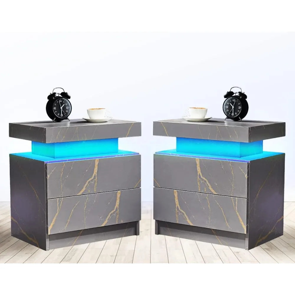 Side Bed Table With LED Light Bedside Tables for the Bedroom  2 Drawers - Mountain Merch Market 