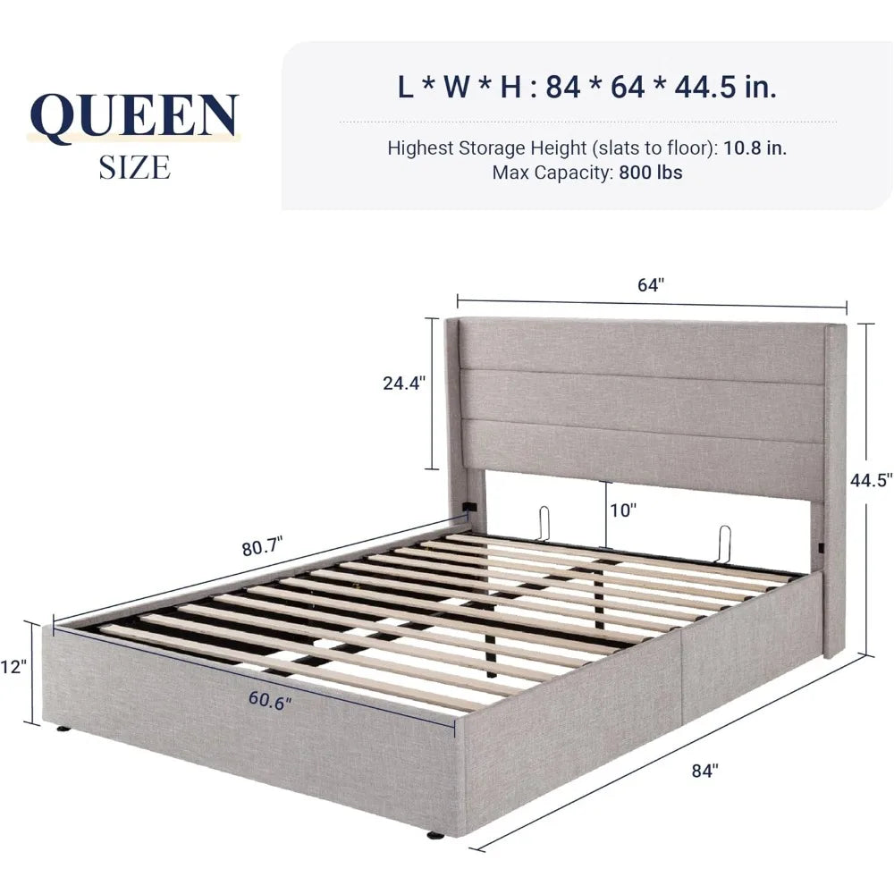 Queen Size Lift Up Storage Bed, Modern Wingback Headboard, - Mountain Merch Market 