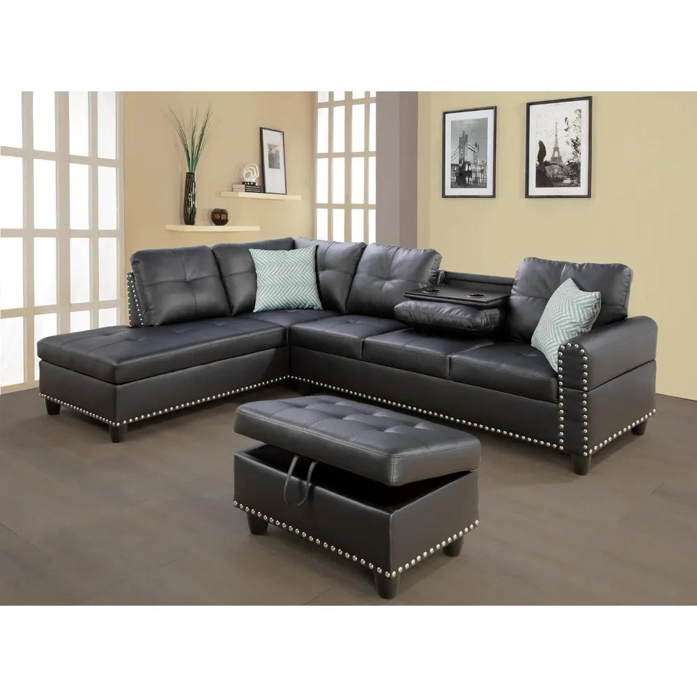 6 Seat Living Room Sofa, Faux Removable Ottoman, Black Sofa Bed - Mountain Merch Market 