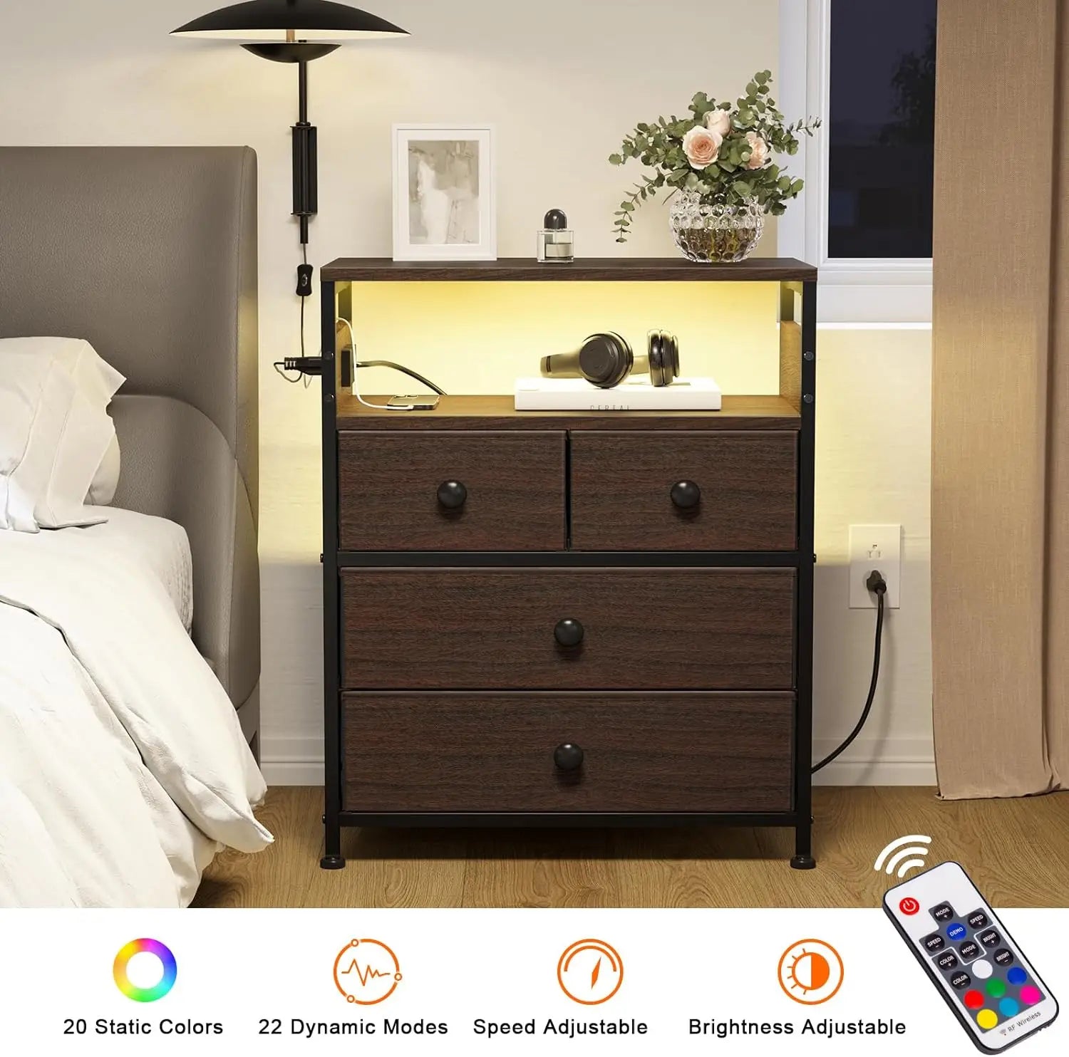 Nightstand with Charging Station, 4 Drawers and 2-Tier Shelf, Wooden Top for Be - Mountain Merch Market 