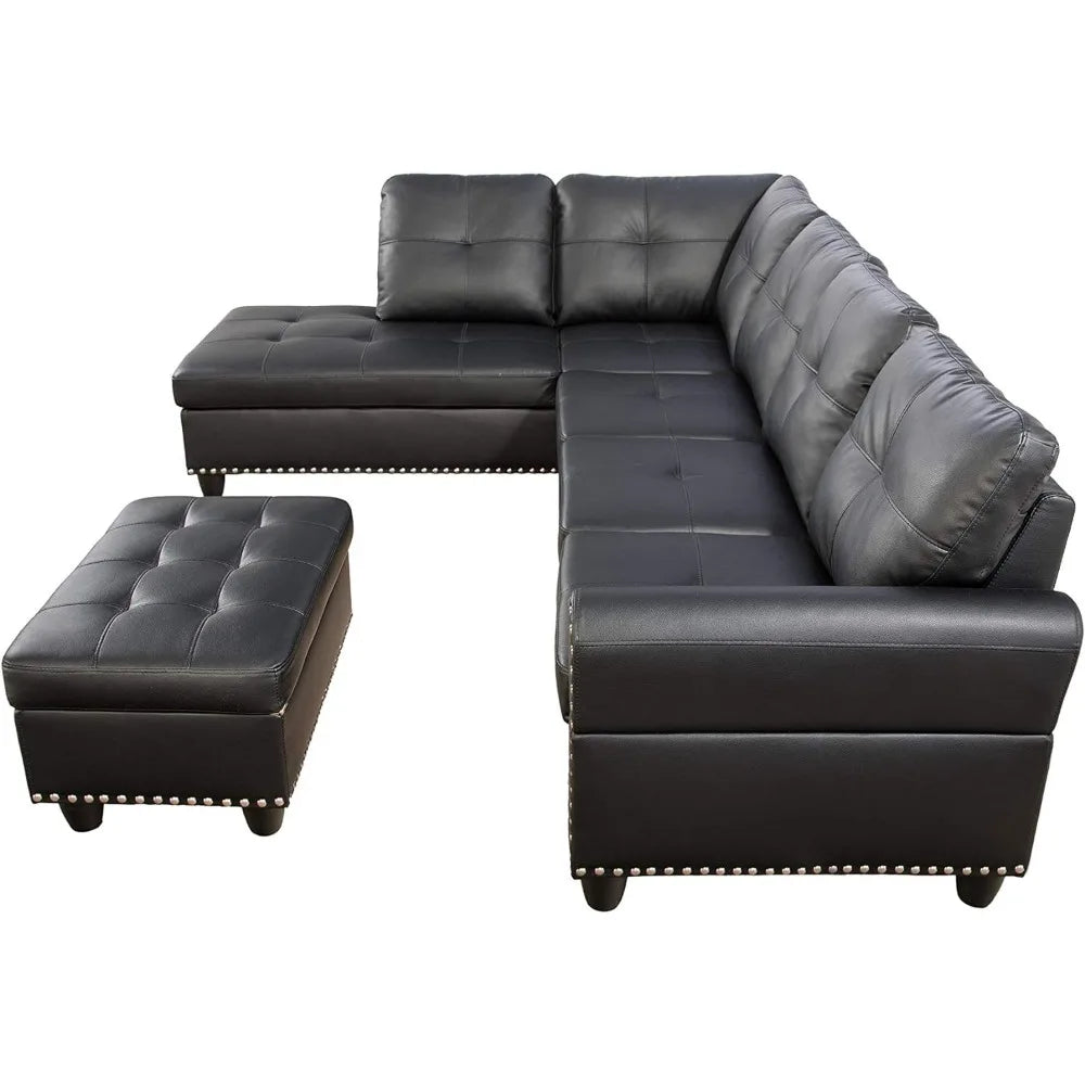 6 Seat Living Room Sofa, Faux Removable Ottoman, Black Sofa Bed - Mountain Merch Market 