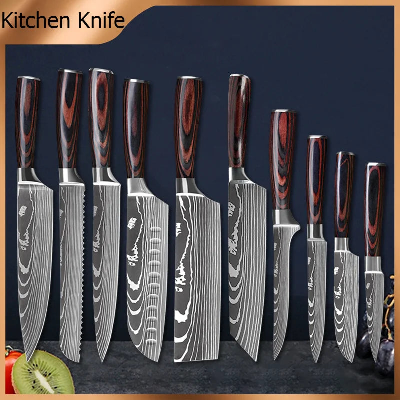 Kitchen Knives Stainless Steel Knife Laser Damascus Pattern - Mountain Merch Market 